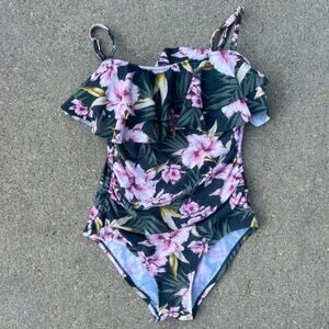 Kona Sol Double Ruffle Green Pink Tropical One Piece Swimsuit SMALL